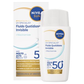NIVEA SUN Fluido Quotidiano Invisibile SPF 50+ 40 ml, Crema viso SPF 50+ invisibile e opacizzante, Protezione solare viso ultra-leggera con Niacinamide, Non comedogenica, Tutti i tipi di pelle