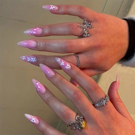 MISUD Press on Nails - Medium Almond Glue on Nails with Pink Ombre, Acrylic Star Rhinestone Design 24 pcs