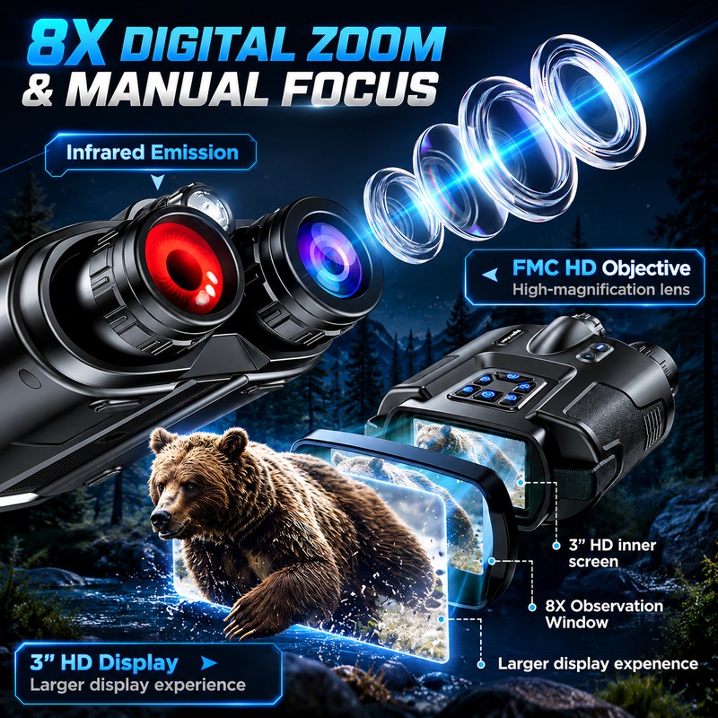 Night Vision Binoculars for Outdoor Viewing – 4K Recording, 8X
