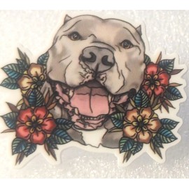 Pitbull Pit Bull Cropped Ears & Flowers Flat Acrylic Pin Tie Tac Jewelry