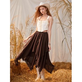 Verdusa Women's Elastic Waist Lace Trim Asymmetrical Flowy Long Skirt Chocolate Brown XS