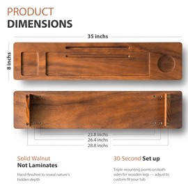Walnut Bathtub Tray Caddy - 35" Wide Adjustable for Freestanding Tubs, Non-Slip Phone/Wine Holder