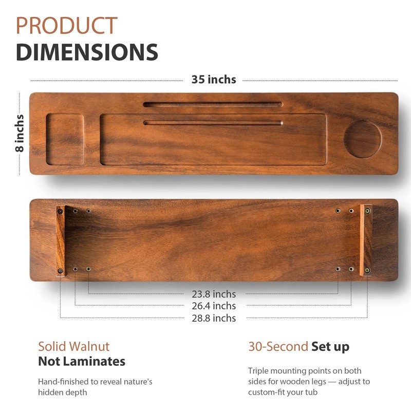 Walnut Bathtub Tray Caddy - 35" Wide Adjustable for Freestanding