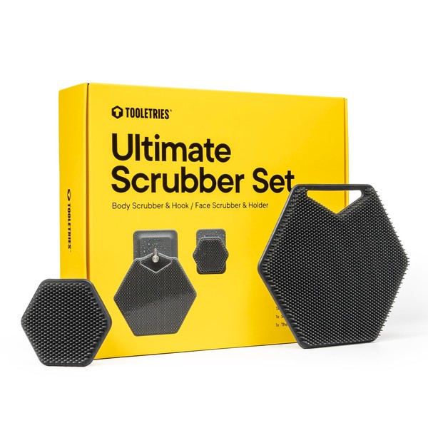 Tooletries - The Ultimate Scrubber Set - with 2X Scrubbers & Holders - Silicone Toiletry Organizer, Shower & Bathroom Accessory - Features Silicone-Grip Technology, Removable & Reusable - Charcoal