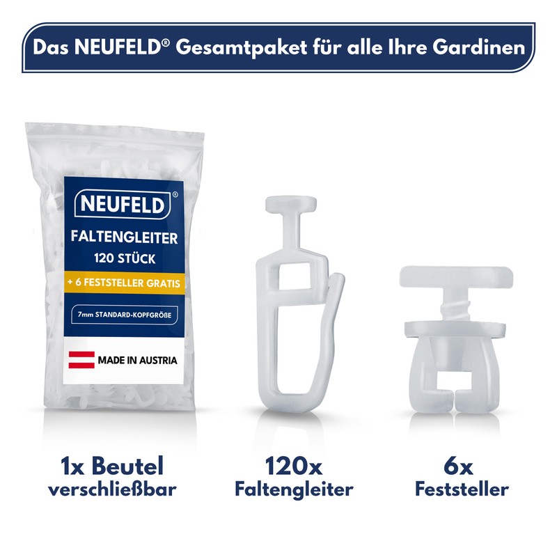 NEUFELD® 120 curtain gliders for inner rails (including 6 locks),