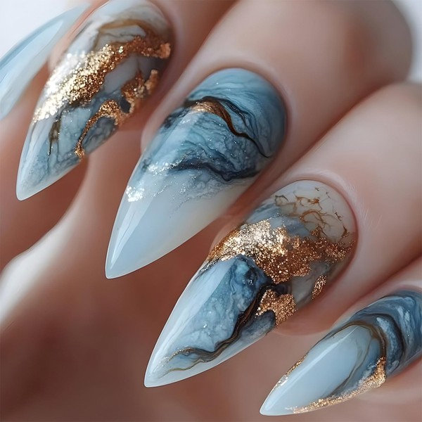 IMRAIN Almond Press on Nails Medium Fake Nails Blue Marble