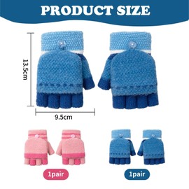 GTYHH 2 Pairs Children's Knitted Gloves, Fingerless Folding Gloves, Warm Winter Gloves, Fingerless Gloves with Hood for Writing, Cold-Resistant Outdoor Gloves, Cyan blue, M