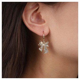 Cimenexe Bohemian Crystal Bow Dangle Earrings Gold Pearl Crystal Earrings Tiny Cz Bow Tie Drop Earrings Rhinestone Bow Hoop Earrings Jewelry for Women and Girls Gifts