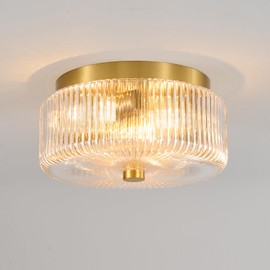 Glass Flush Mount Ceiling Light: 12" Round Clear Ribbed Glass Chandelier - Mid Century Modern Drum Ceiling Light - 3 Lights Gold Fixture Over Kitchen Sink Entryway Foyer Bedroom Bathroom Dining Room