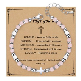 CNYTPE Inspirational Beaded Cross Bracelets for Women - Natural Gemstone Christian Faith Bracelet, Ideal Gifts for Mom, Wife, Sister, Friend - Birthday, Mother's Day Blessings(Rose quartz bracelet)