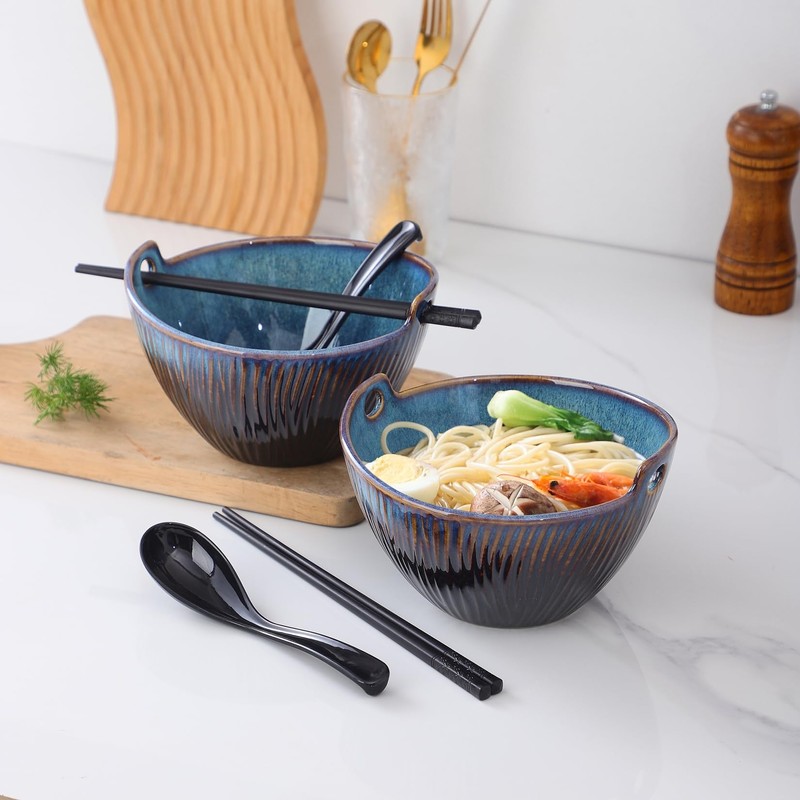 STE-CER Ceramic Ramen Bowl with Chopsticks and Spoons Set, 6.7