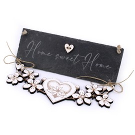 Slate Sign Home Sweet Home with Flower Element and Heart Made of Wood - Sign Front Door Entrance Door Sign Door Decoration Welcome Sign 22 x 16 cm