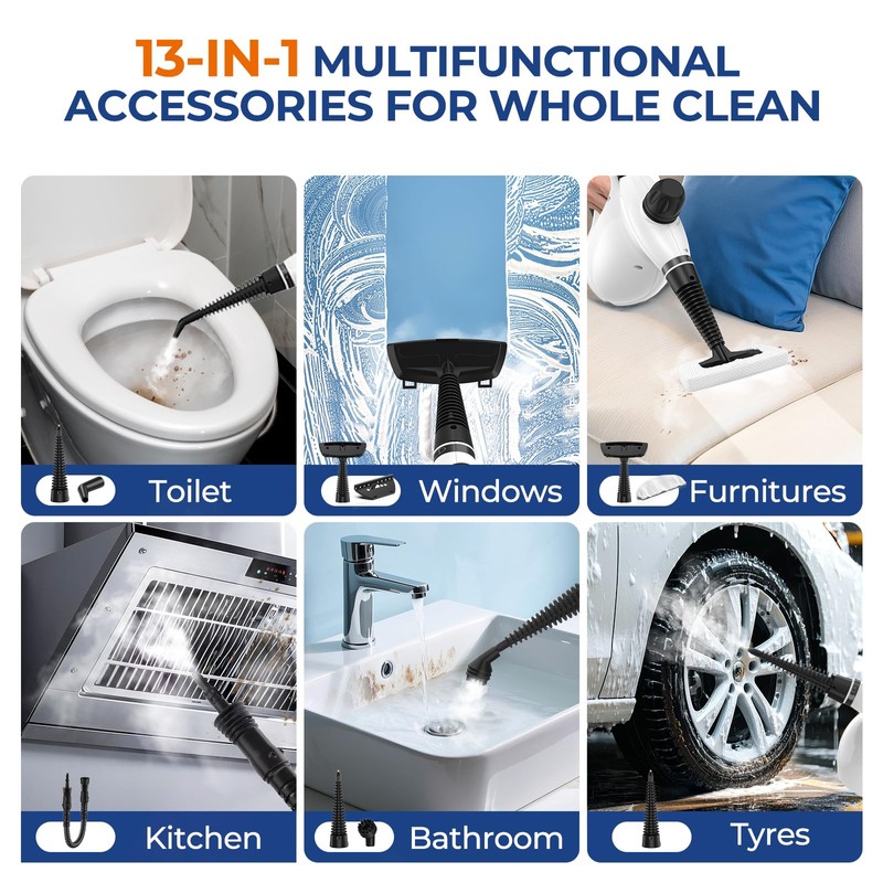 LABIGO Steam Cleaner, Pressurized Handheld 13pcs Multi-Purpose Natural Deep Cleaning