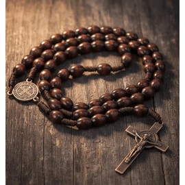 Nazareth Store St. Benedict Solid Wood Rosary Necklace Dark Wooden Beads Catholic Prayer Saint Medal with Bronze Metal Cross