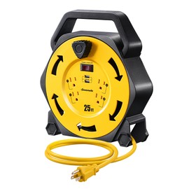 DEWENWILS Cord Reel with 4 Power Outlets, 2-USB Ports(3.4A Fast Charge), 25FT Retractable Extension Cord Reel, Heavy Duty SJTW 16/3 Cable, 13A Circuit Breaker, Hand Wind, UL Listed