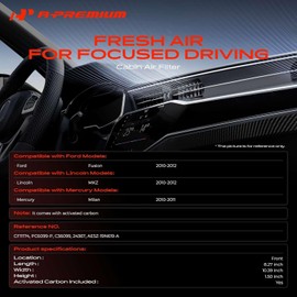 A-Premium - Filtro de aire de cabina con carbón activado compatible con Ford Fusion 2010-2012 y Lincoln MKZ 2010-2012 y Mercury Milan 2010-2011, reemplazo# AE5Z19N619A