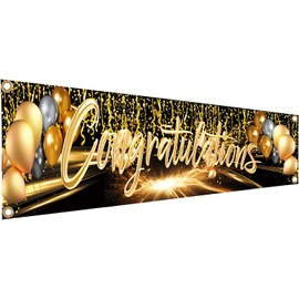 6 x 1.3ft Congratulations Banner – We are Proud of You banner - Black and Gold Graduation Banner, Double Stitched Edges with 4 Grommets, Graduation or Party Decorations