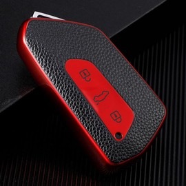 Misuyue VW Key Cover, Car Key Case for S-Koda VW Golf 8 MK8 Seat Leon MK4 Ateca Tarraco Octavia 8, 3 Buttons Car Key Cover VW Made of Leather and TPU (Red)