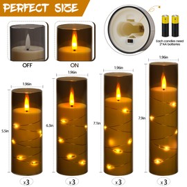 Da by Flameless Candles with Recessed String Light, Battery Operated Candles, Acrylic LED Pillar Candles with Remote Control and Timer, Gray, Set of 12