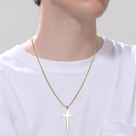GILIEYER Cross Necklace for Men, Stainless Steel Cross Pendant Necklace Layered Cuban Link Chain Crucifix Necklace Silver Black Gold Cross Chain Cross Jewelry (Single Layer, Gold)