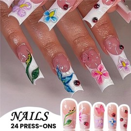 Square Press on Nails Long Fake Nails French Tip False Nails White Artificial Nails with 3D Flowers Designs Cute Pink Floral NailsStick on Nails for Women 24pcs