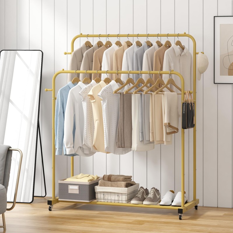 Laiensia Double Rods Garment Rack with Wheels, Clothing Rack for