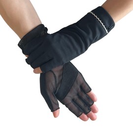TRAX SHOP Women's UV Gloves, Short Arm Cover, UV Protection, For Summer, Summer, Cool Touch, Sweat Absorbent, Quick Drying, Anti-Slip, Mesh, Fingertips, Button Lace Finger Cut Black