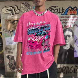 Cayxatiu Mens Graphic T-Shirts Oversized Vintage Car Shirts for Men Racing Tshirt Streetwear Baggy Washed Drop Shoulder Tees(Pink,XL)