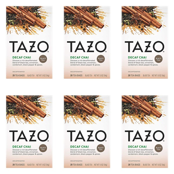 Tazo Black Tea Bags for a cup of relaxing Decaf Chai Caffeine Free 20 Count, Pack of 6 Package May Vary