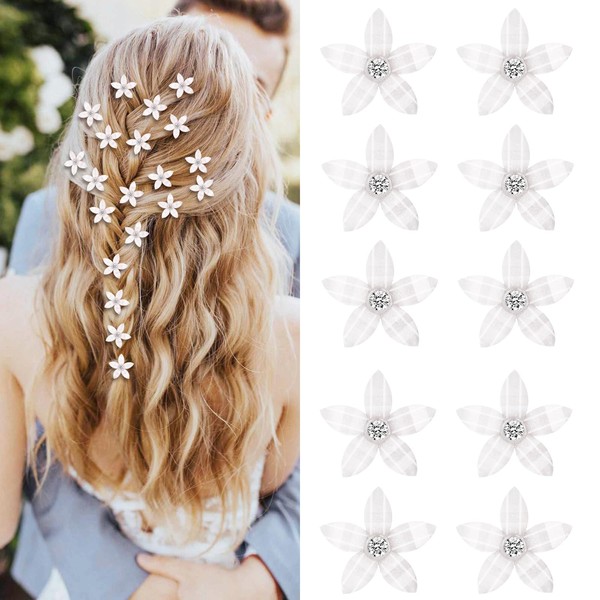 Mezrkuwr® 10 Pieces White Small Flower Hair Clips Mini Cute Rhinestone Metal Hair Pins for Women Bridal Hair Clips for Girls Wedding Hair Accessories Decorative