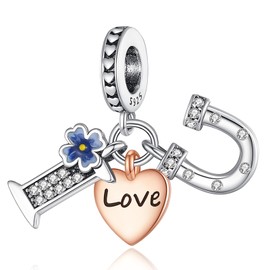 Famuan Jewelry Love Charm 925 Sterling Silver Pendant for Women Heart Blue Daisy Key Nurse Stethoscope Bracelets Mother's Day Valentine's Day Birthday Christmas Gifts for Girls Friends, Silver, Zircon