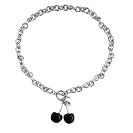 Cherry Charm Necklaces for Women Adjustable Silver Fruits Cherry Pendant Necklaces Cute Cherry Choker Necklace Jewelry (black)