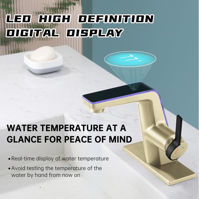 ICREEH LED Bathroom Faucet with Temperature Display, Brushed Gold Bathroom