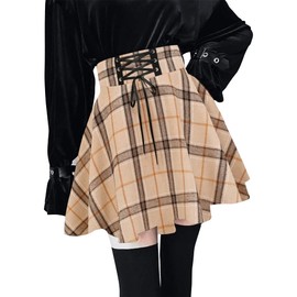Kinghua Women's High Waisted Plaid Mini Skirts A Line Pleated Lace Up Short Skirt (S, Khaki)