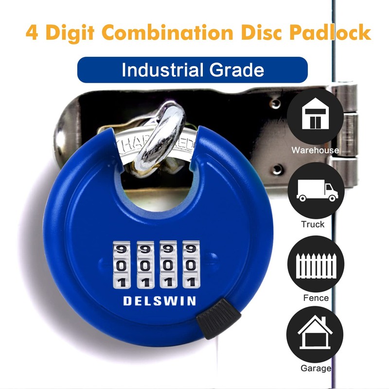 DELSWIN 4 Digit Combination Lock, Outdoor Combination Disc Padlock with