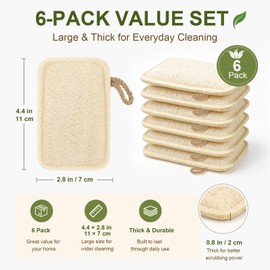 Natural Loofah Dish Scrubber Sponges, 6 Pack Large Plant-Based Kitchen Cleaning Pads, Compostable Non-Scratch Scouring Sponge for Dishes, Sink, Grout and Tile, 4.4 x 2.8 in