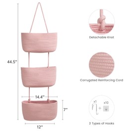 TeoKJ 3-Tier Wall Hanging Storage Bags, Over The Door Organizer, Decorative Cotton Rope Hanging Baskets, Pink