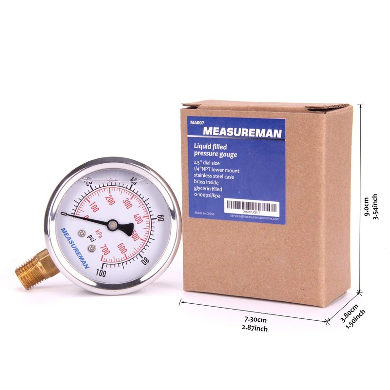 MEASUREMAN Pressure Gauge 1/4 NPT, 0-100psi/kPa Glycerin Filled Pressure Gauge