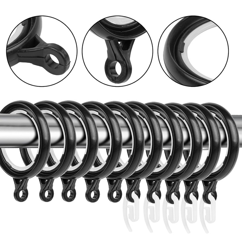 40 Pack Curtain Rings and Hooks, Black 36mm Hanging Rings