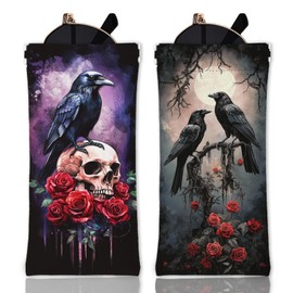GLOBLELAND 2Pcs Dark Crow Soft Glasses Case Rose and Withered Branchs Skull Travel PU Leather Glasses Bag Portable Squeeze Top Eyeglass Case Pouch for Watches Phones Makeup Brushes