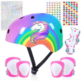 Kids Bike Helmet, Kids Helmets Ages 5-8 with DIY Stickers Kid Knee Pads and Elbow Pads Set Unicorn Toddler Helmet