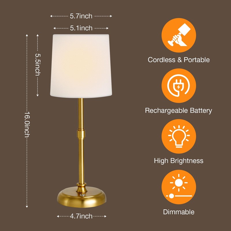 Folux Cordless Gold LED Table lamp, 5200-mAh Rechargeable Battery, 3-Level