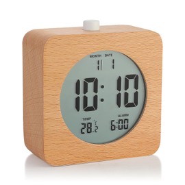 Plumeet Holz Digitalwecker, 10cm Batteriebetriebener Wecker mit Schlummer und Nachtlicht, Elektronische LCD Tischuhr mit Zeit-, Datums-, Temperatur-, 12/24 Stunden-Anzeige, Holzdekor, Quadratisch
