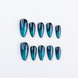 Galaxy Cateye Press On Nail Almond, super shining, party birthday nail (Blue, L)