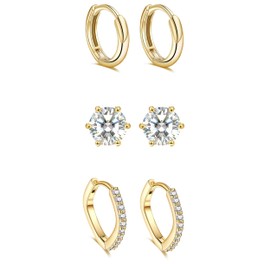 3 Pairs Small 14K Gold Plated Hoop Earrings Set: Dainty Gold Earrings for Sensitive Ears Hypoallergenic Aesthetic Earrings Lightweight Cubic Zirconia Huggie Earrings Cartilage Earrings for Women Girl