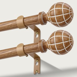 2 Pack Wood Curtain Rods for Windows 48 to 84 Inches (4-7ft), 1'' Diameter Heavy Duty Adjustable Rustic Farmhouse Drapery Pole with Boho Imitation Wooden Grain Decorative Finials, Size 30"-88"