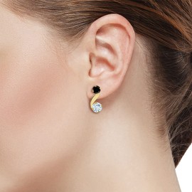 Gem Stone King 0.64 Ct Round Sky Blue Aquamarine Black Diamond 14K Yellow Gold Earrings