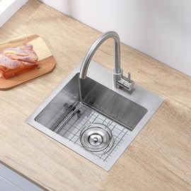 VAPSINT 15x15 Inch Drop In Bar Sink, Topmount Single Bowl Handmade 16 Guage Stainless Steel Small Kitchen Sink for Wet Bar Prep RV Outdoor with Accessories