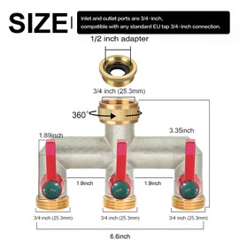 iBamso Brass Garden Hose Splitter, 1/2 inch and 3/4 inch Tap Splitter, 3 Way Tap Connector with On/Off Valves and Extended Handle, Tap Adapter Garden Hose Connector for Garden Outdoor Home