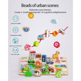 BOBY FOR YOUR BABY 24-Piece Real Wood Bead Threading Puzzle Blocks with Traffic Scenario Game Board - Kids' Educational Toy Set with 2 Stringing Sticks & Cotton Storage Bag(Ages 3-6)